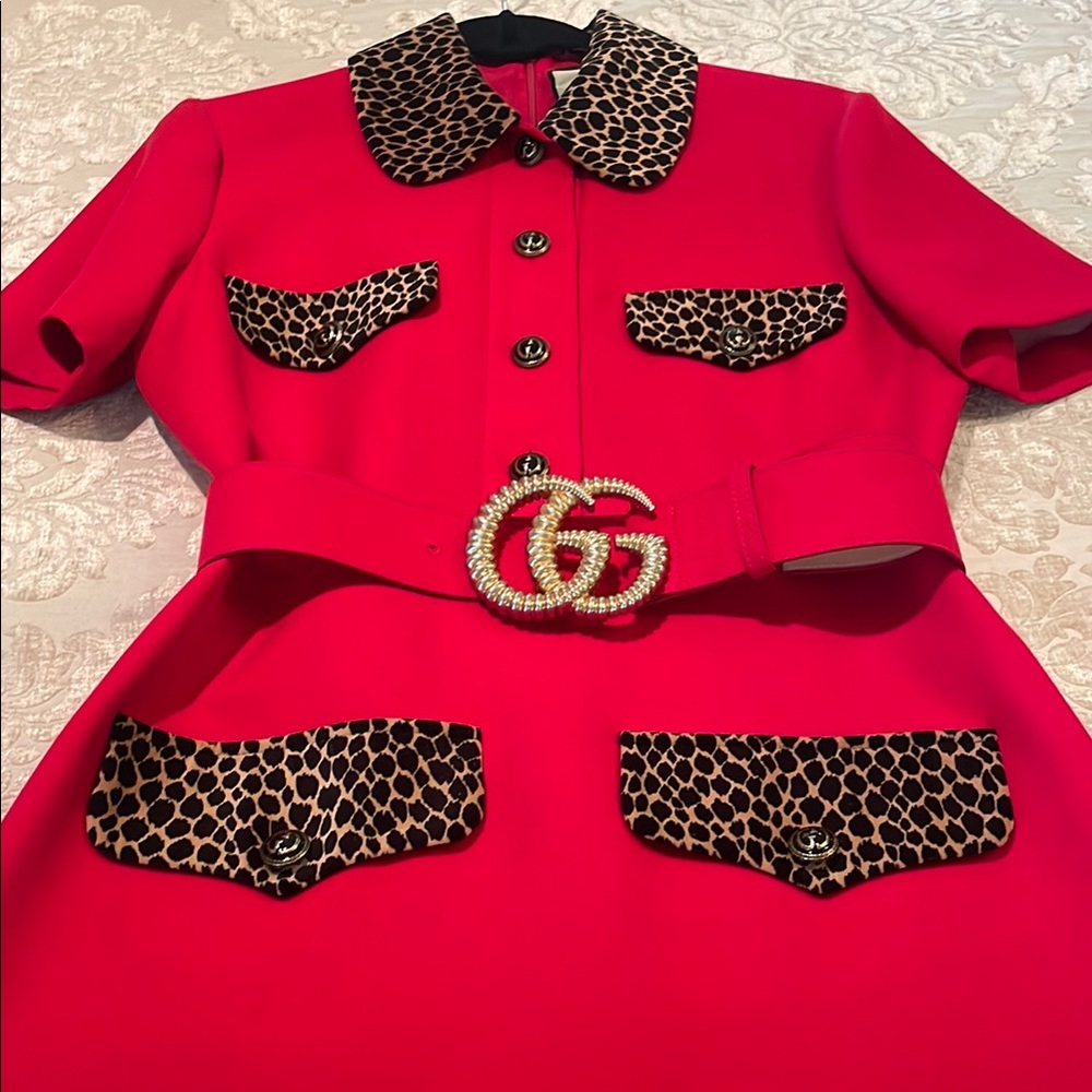 Gucci Red Dress with Leopard Trim and Gold GG Buckle